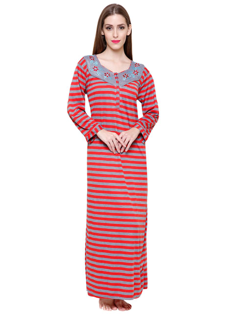 Secret Wish Women's Red-Grey Striped Woolen Nightdress 
