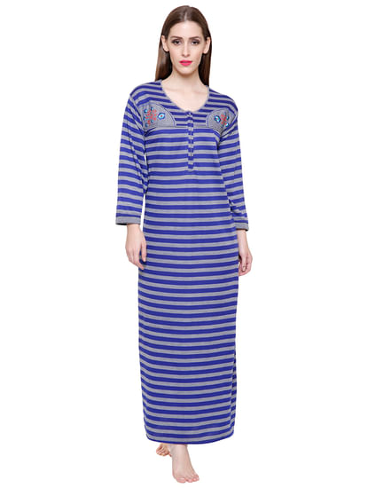 Secret Wish Women's Blue-Grey Striped Woolen Nightdress