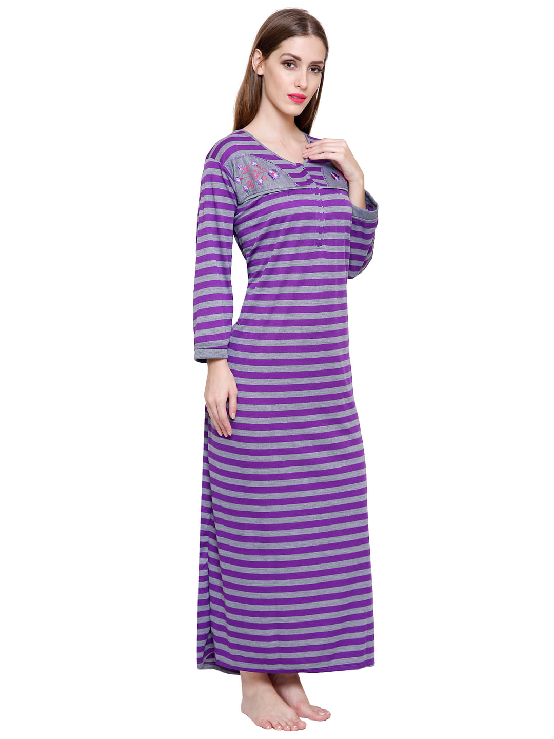 Purple-Grey Striped Woolen Nightdress 
