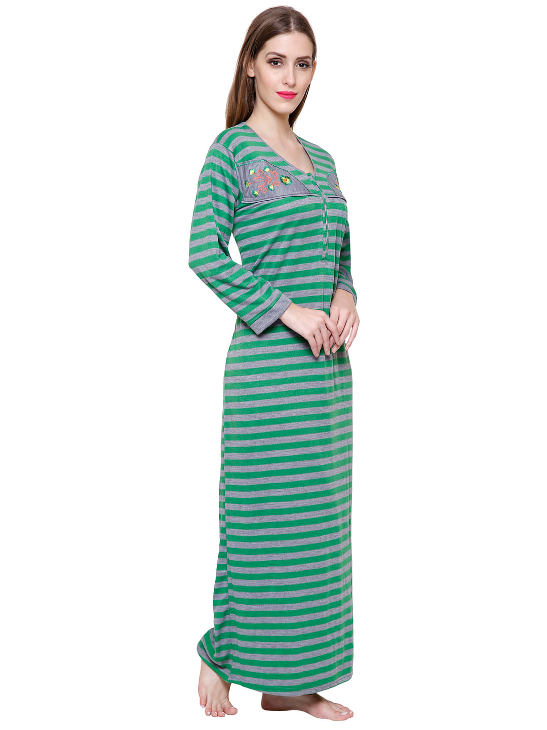 Woolen Green Striped Nighty (Free Size)