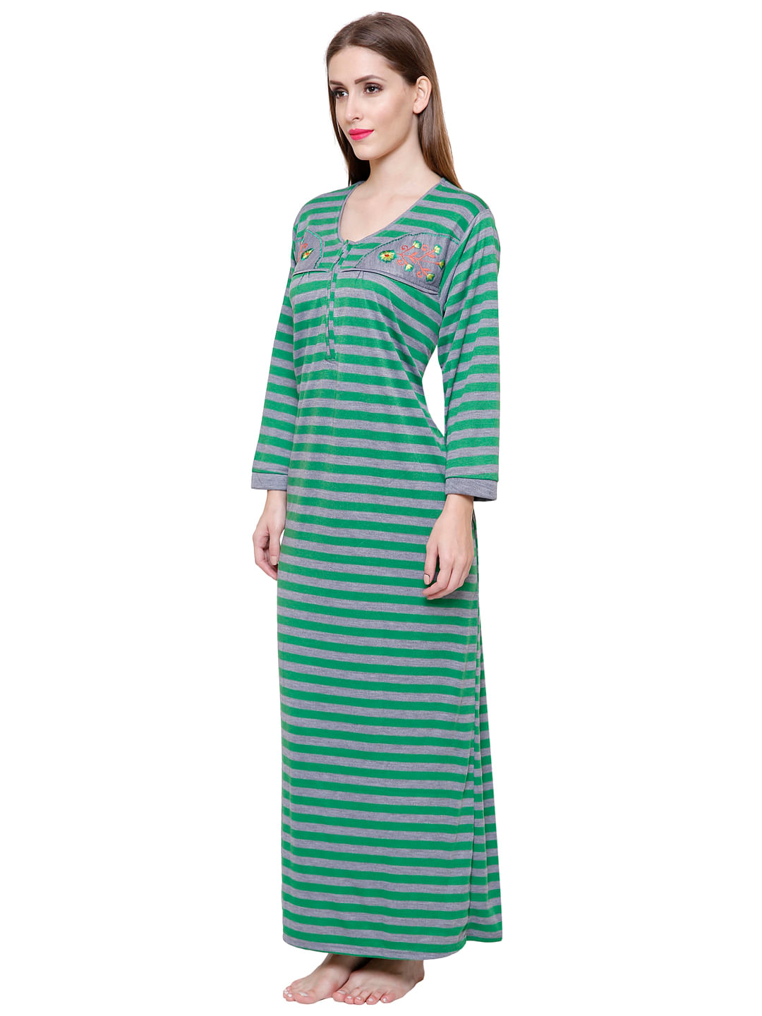 Woolen Green Striped Nighty (Free Size)