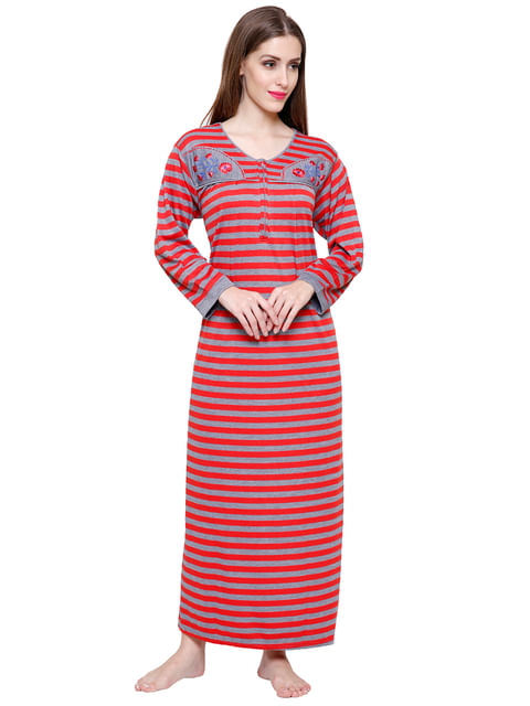 Secret Wish Women's Red-Grey Striped Woolen Nightdress