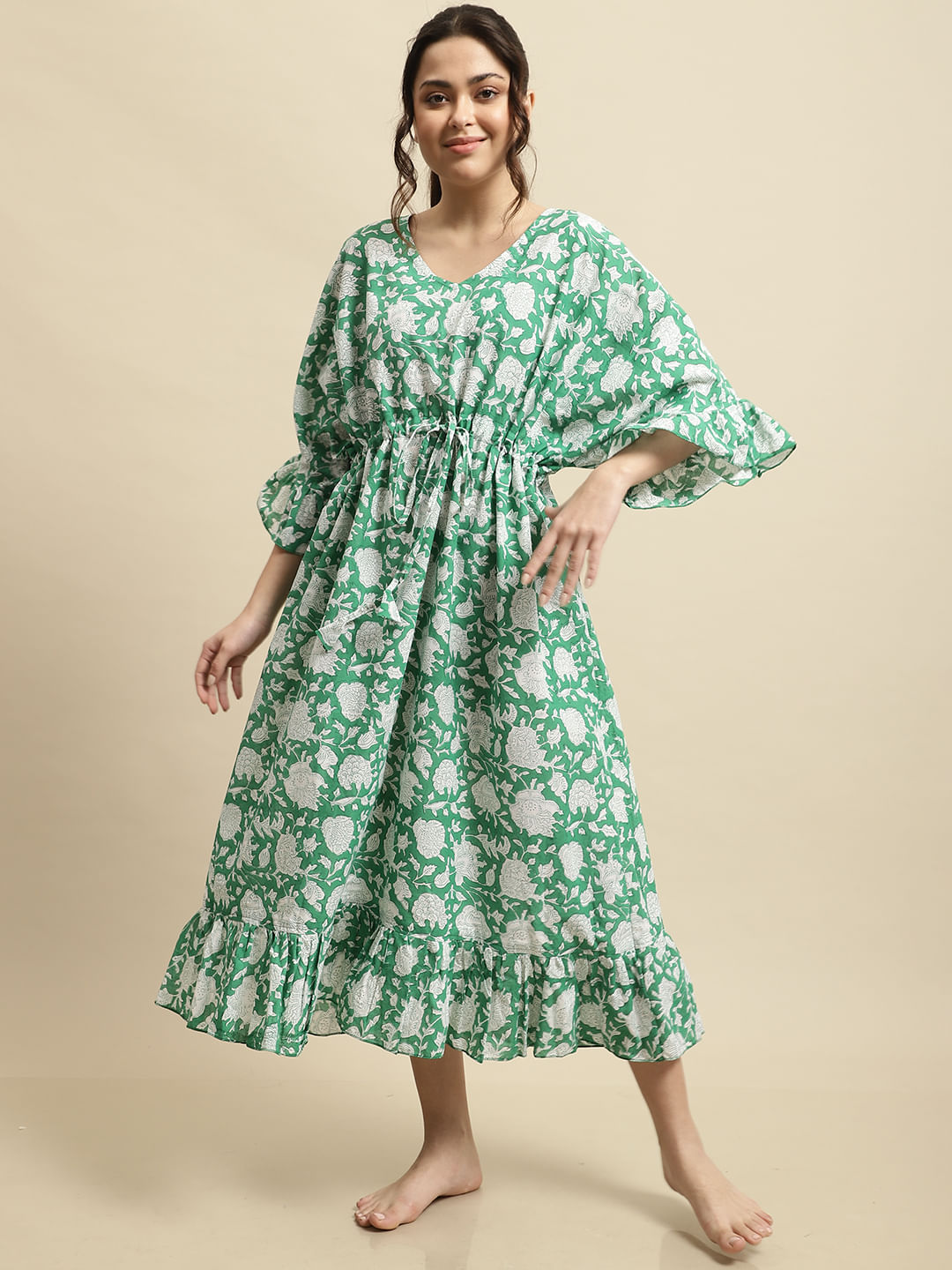 Green Sanganeri Handblock Print Kaftan Night Dress