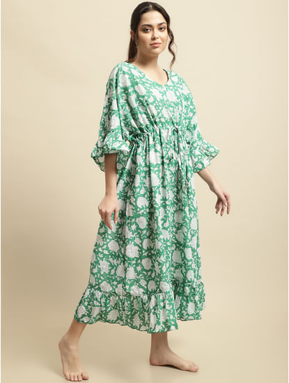 Secret Wish Women's Green Sanganeri Handblock Print Kaftan Night Dress