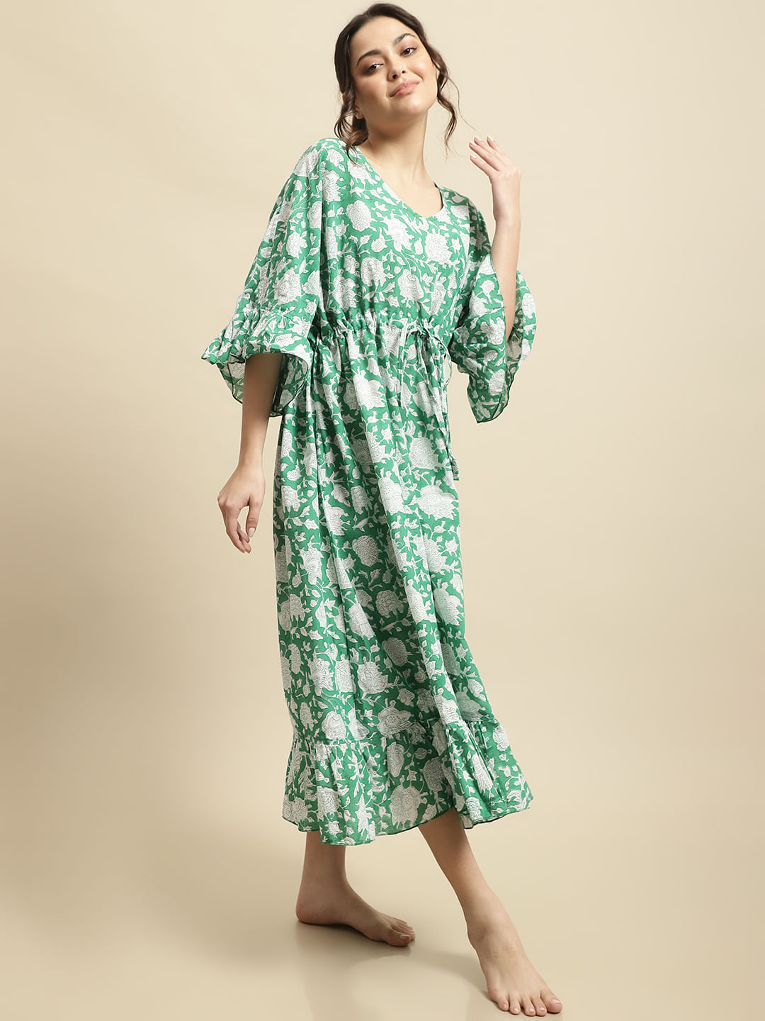 Green Sanganeri Handblock Print Kaftan Night Dress