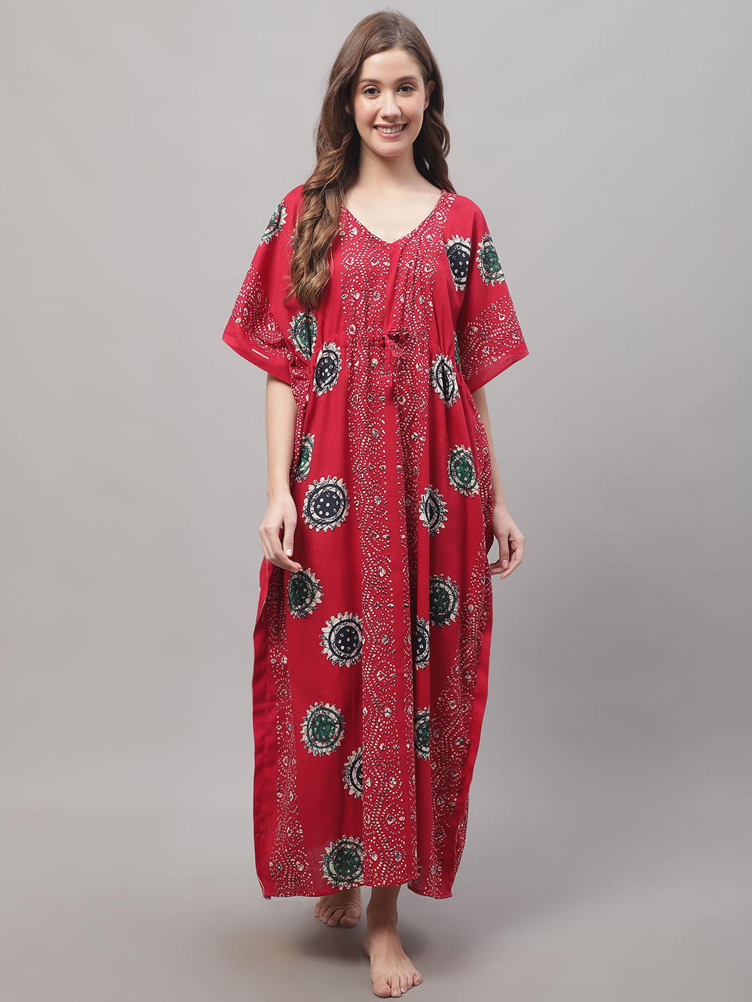 Red Cotton Kaftan with Batik Print