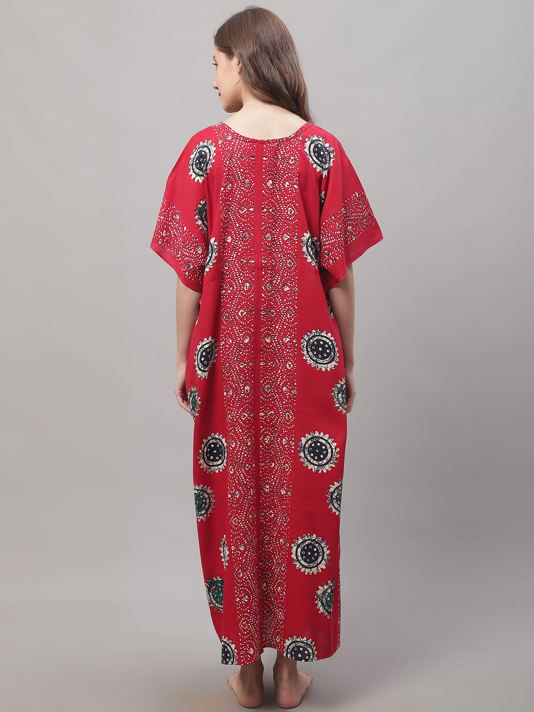 Red Cotton Kaftan with Batik Print