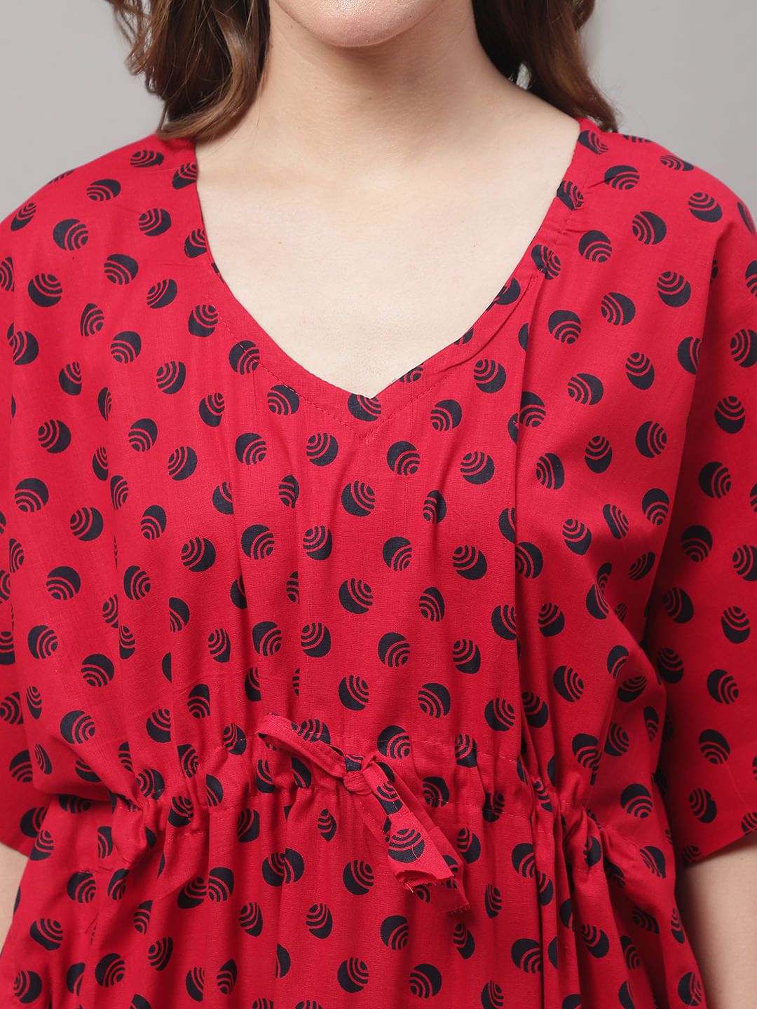 Red Cotton Kaftan with Polka Dot Print