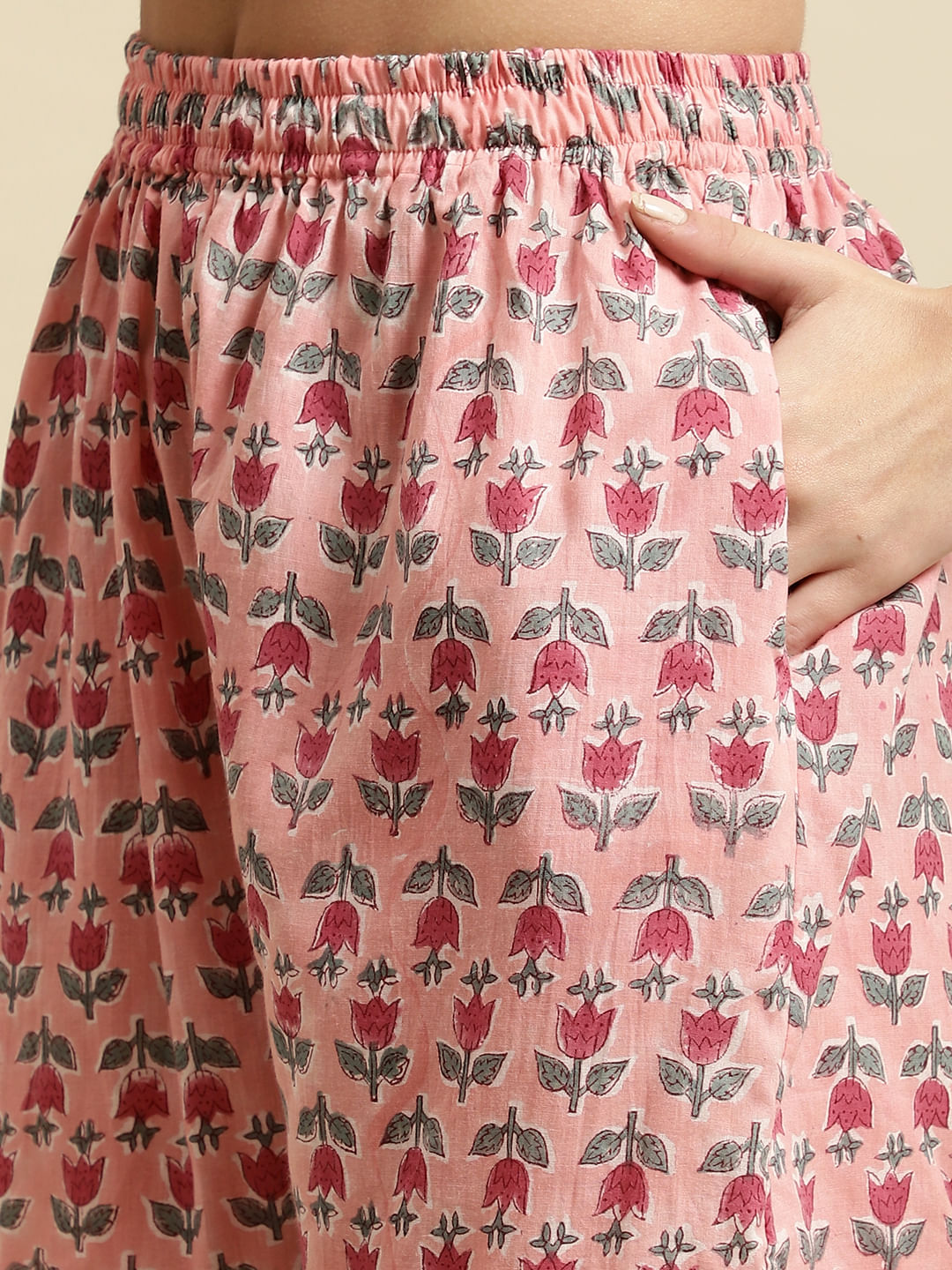 Pink Sanganeri Floral Print 3 Piece Night Suit