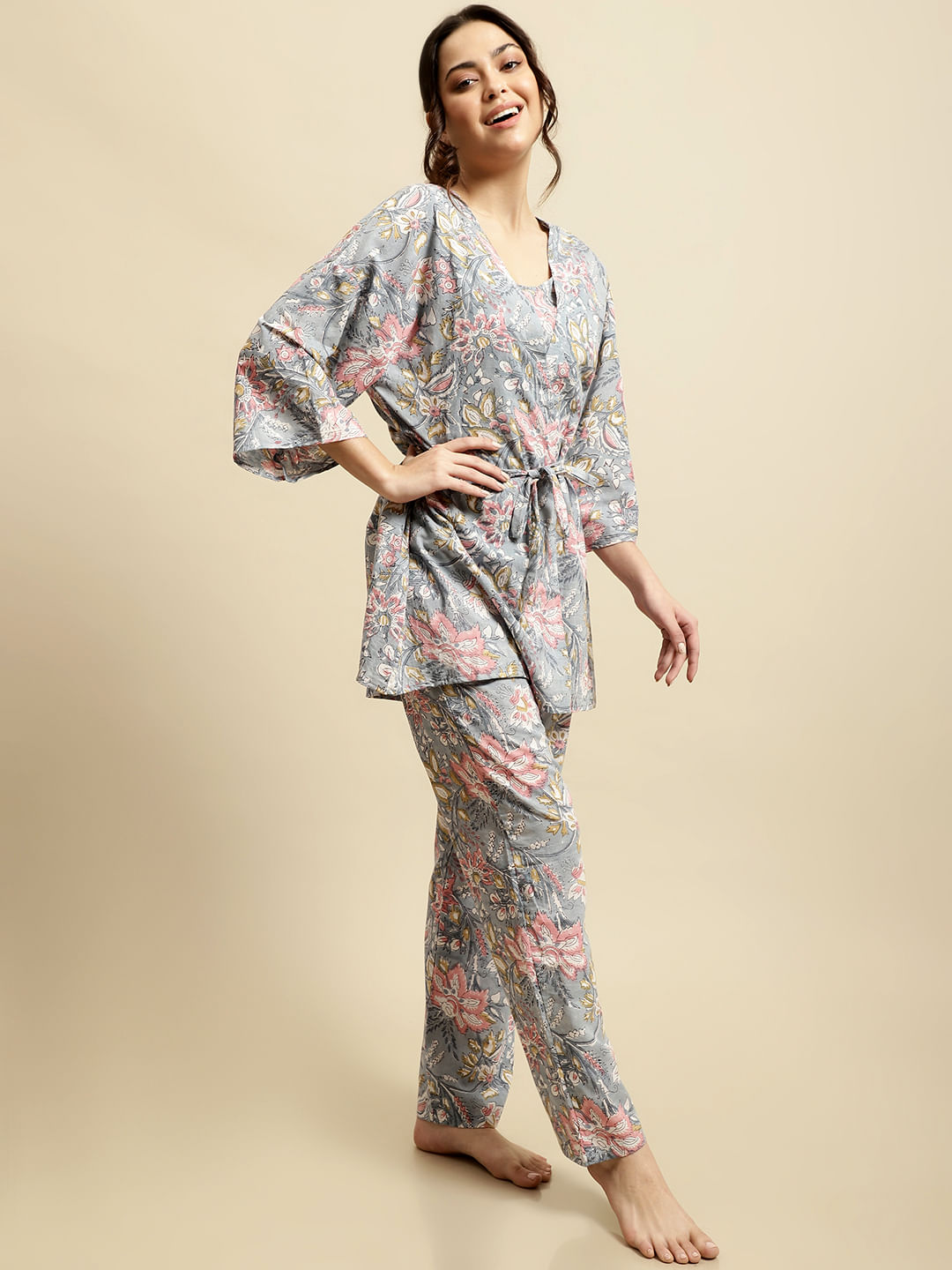 Grey & Pink Jaipuri Floral Block Print 3 Piece Night Suit