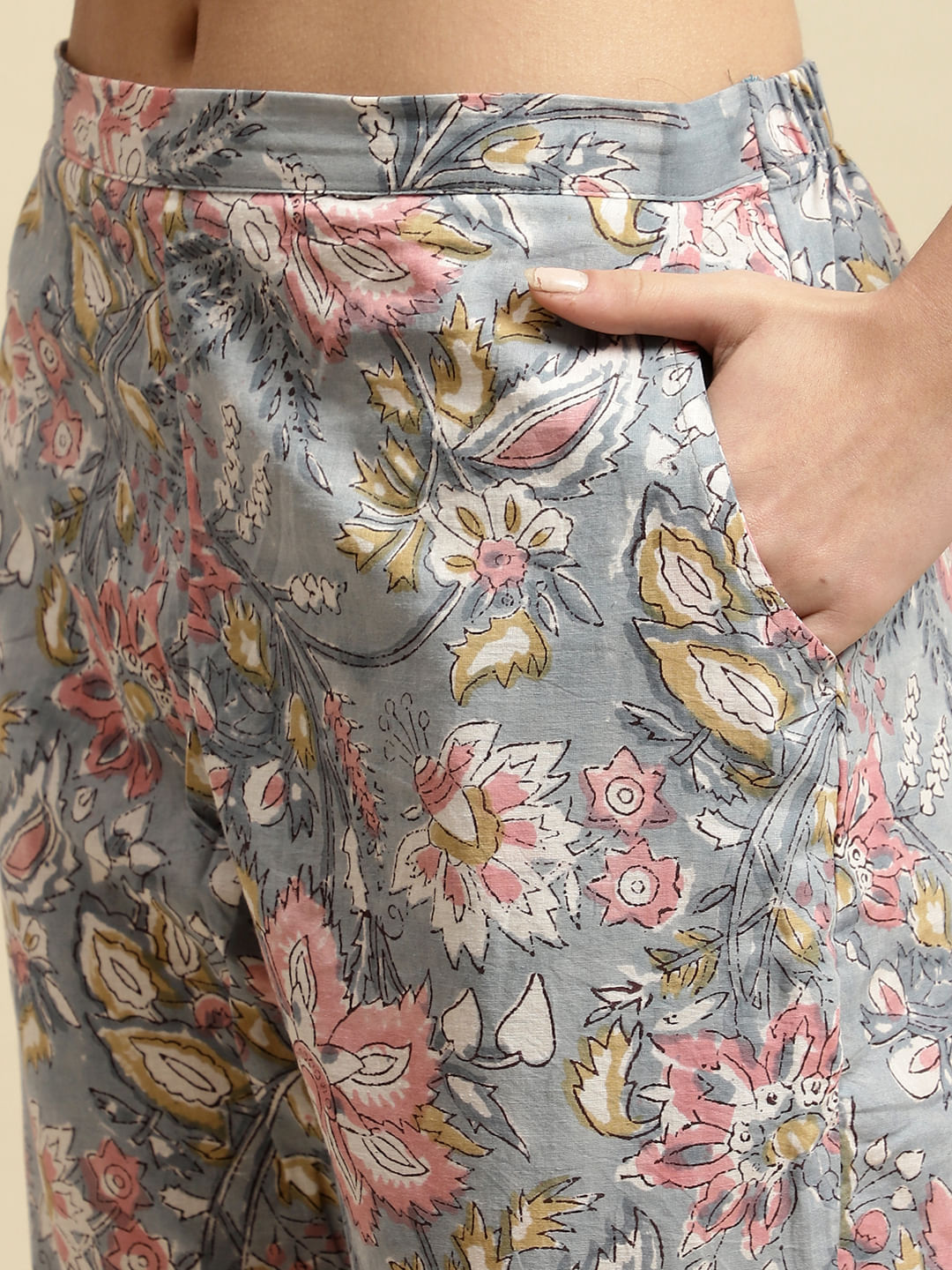 Grey & Pink Jaipuri Floral Block Print 3 Piece Night Suit