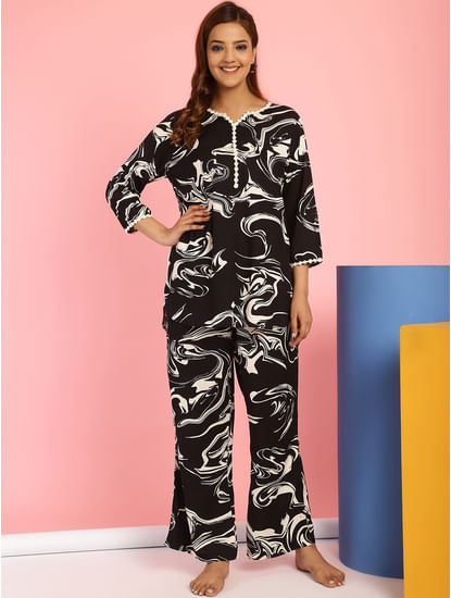 Abstract Print Rayon Black Night Suit
