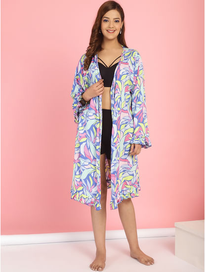 Floral Print Flared Sleeves Swimwear Cover Up Shrug
