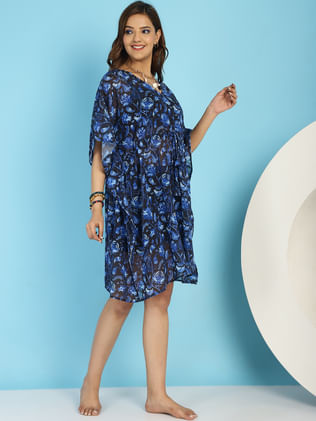 Black and Blue Floral Swimwear Cover Up Kaftan