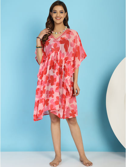 Red and Pink Floral Swimwear Cover Up Kaftan