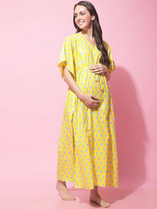 Yellow Sanganeri Print Maternity Kaftan Night Dress