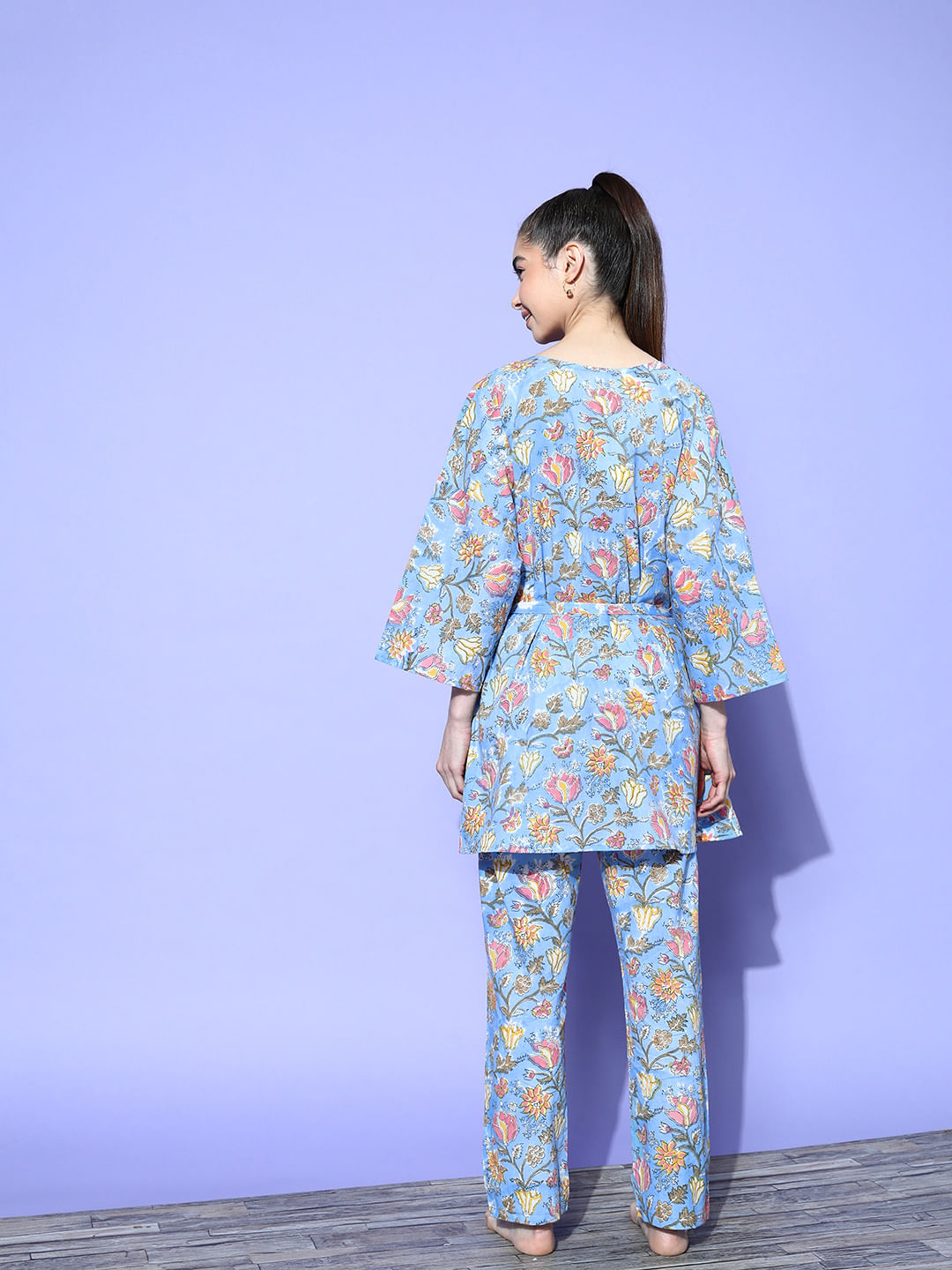 Sky Blue Floral Printed Nightsuit with Shrug