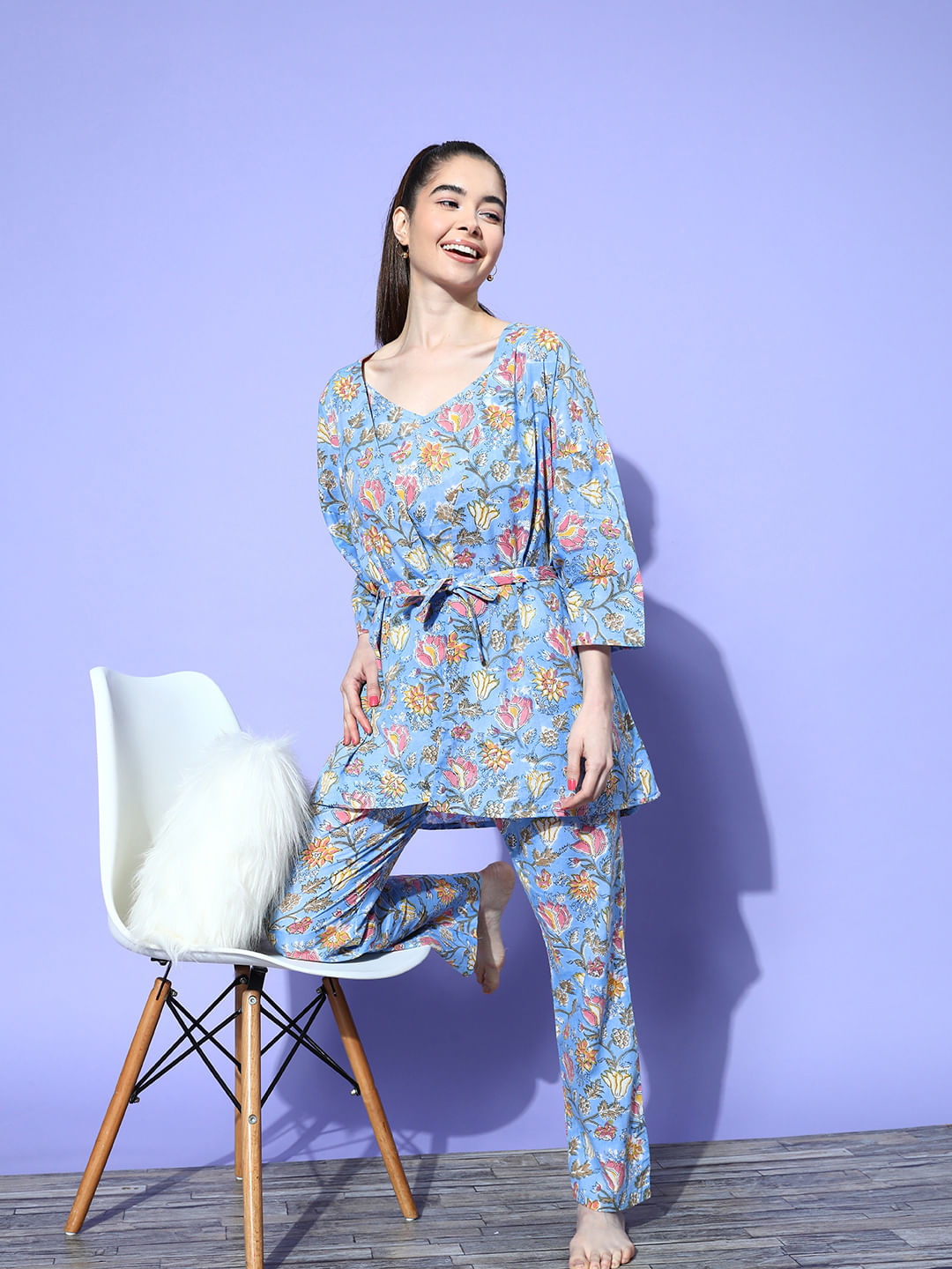 Sky Blue Floral Printed Nightsuit with Shrug