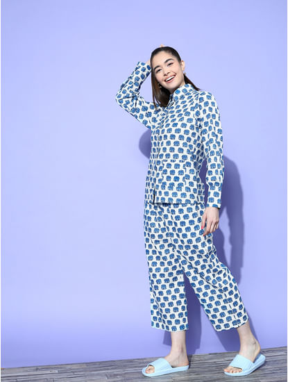 White and Blue Elephant Printed Night Suit