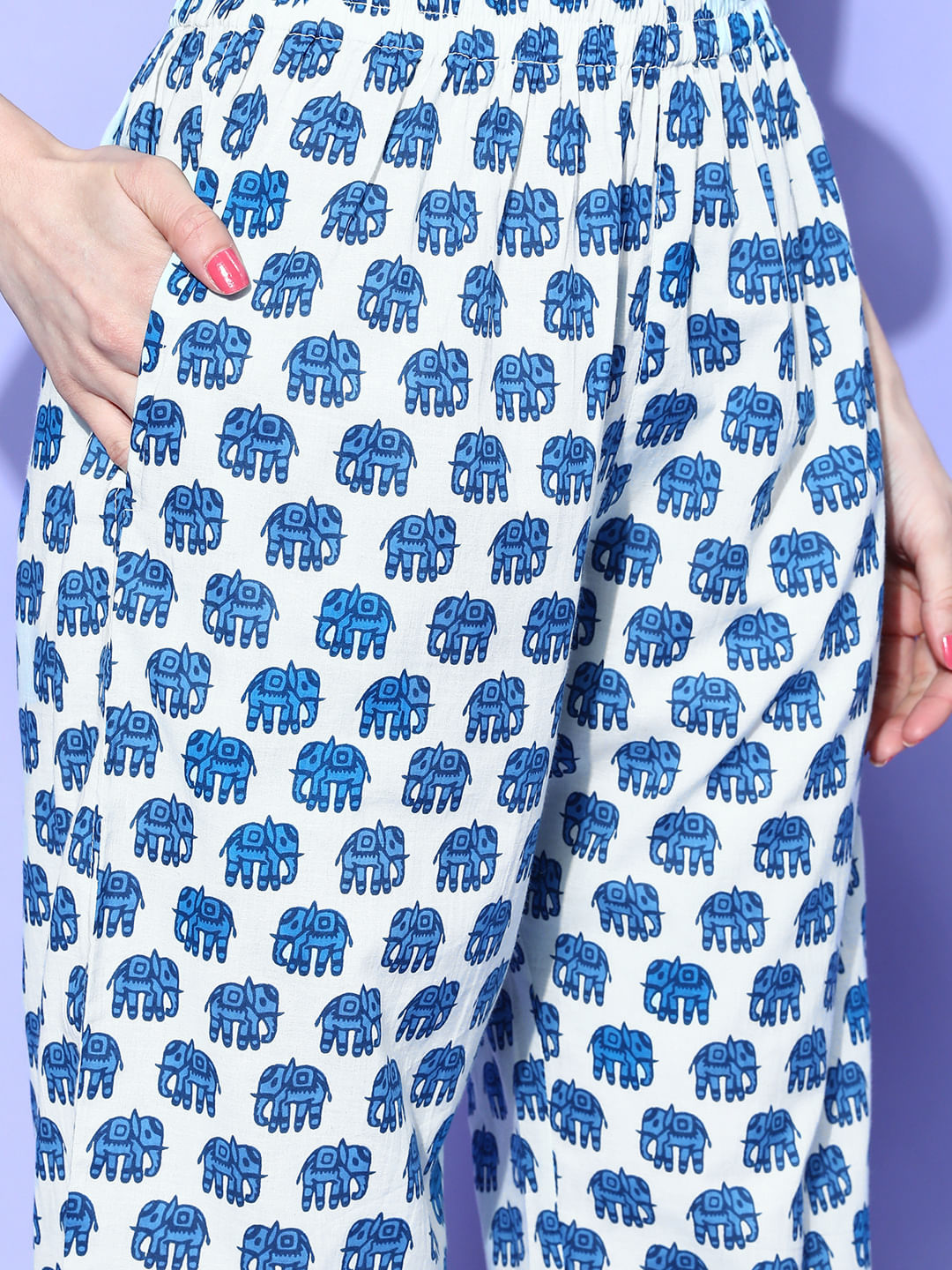 White and Blue Elephant Printed Night Suit