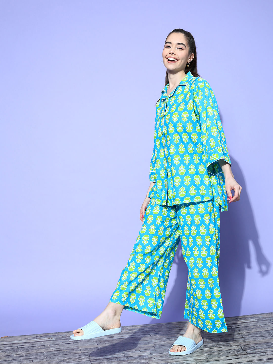 Blue and Green Floral Printed Night Suit