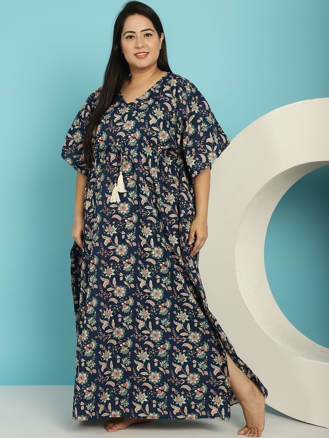 Navy Blue Floral Cotton Plus size Nighty