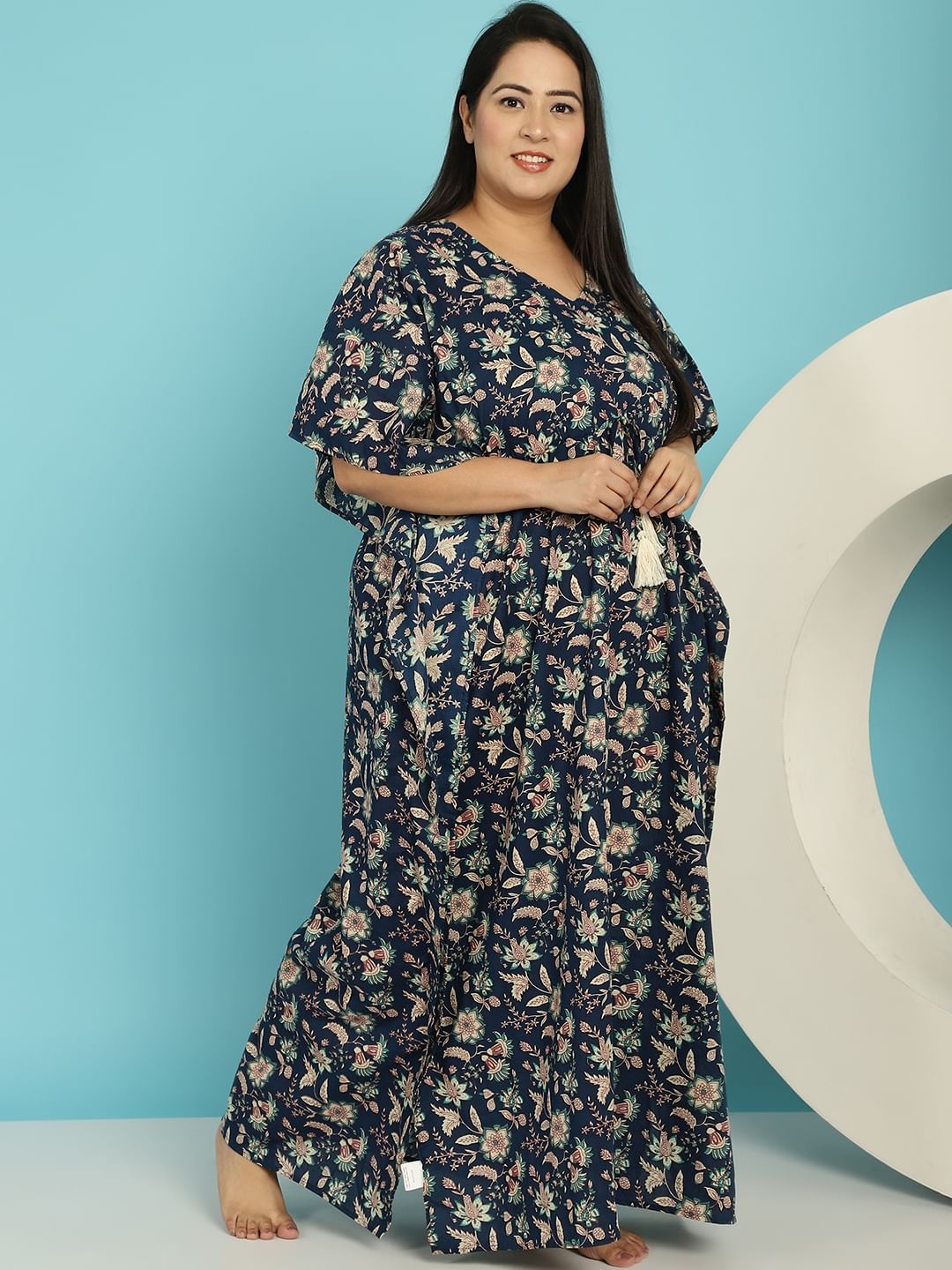 Navy Blue Floral Cotton Plus size Nighty