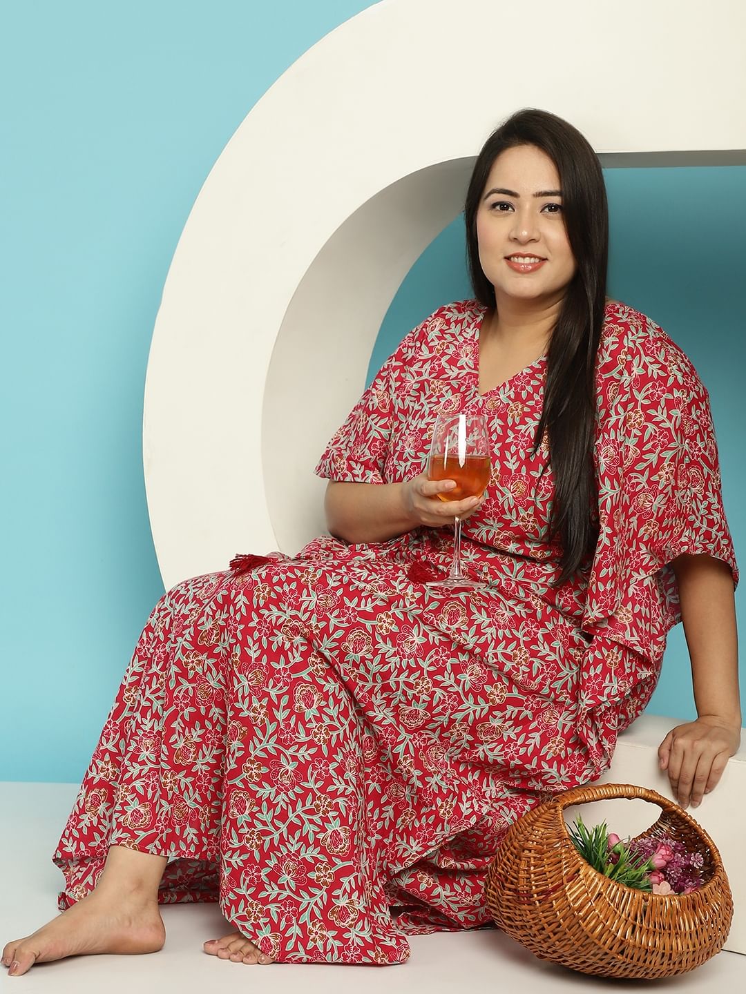 Red Floral Cotton Plus size Nighty