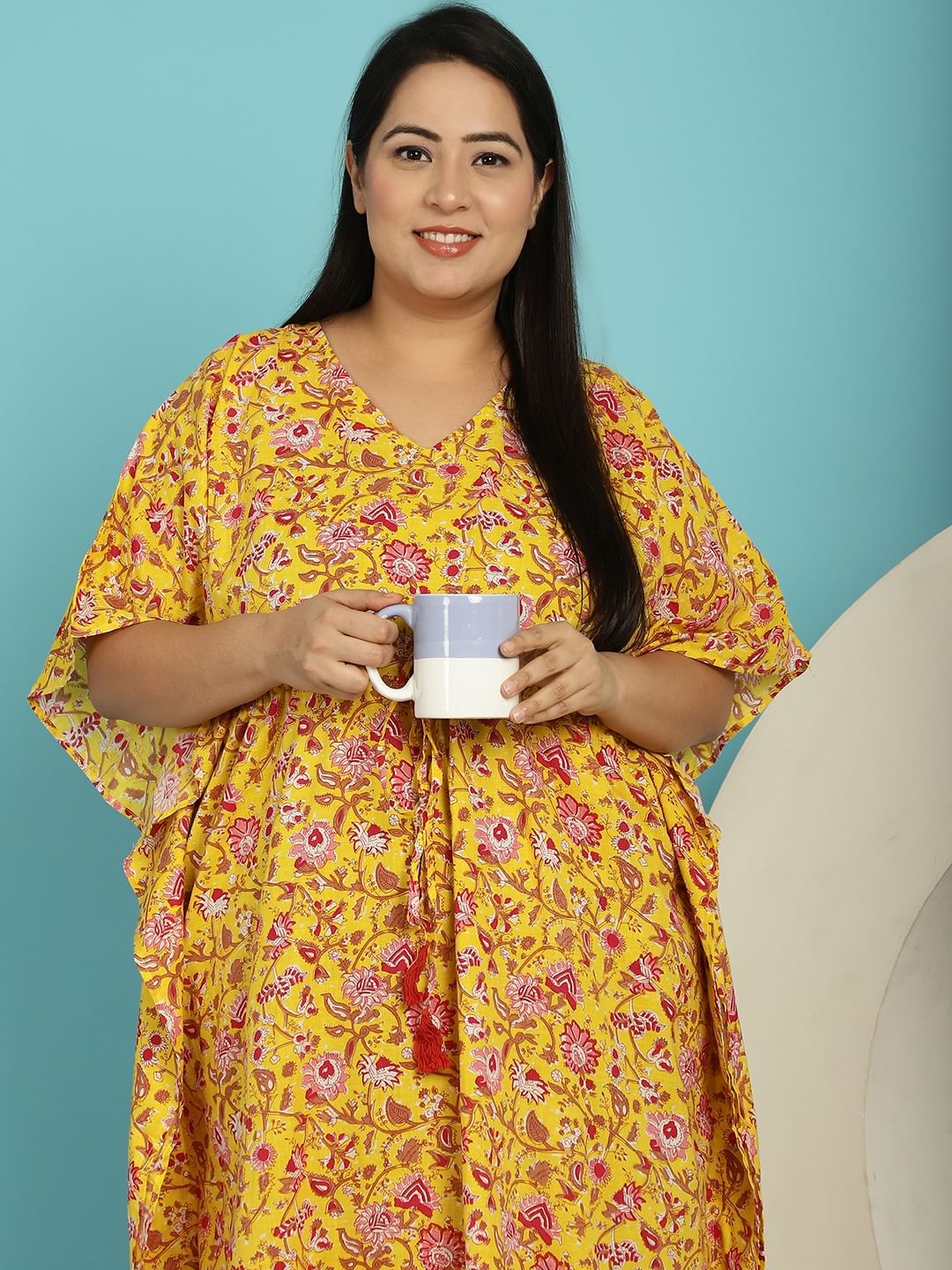 Yellow Floral Cotton Plus size Nighty