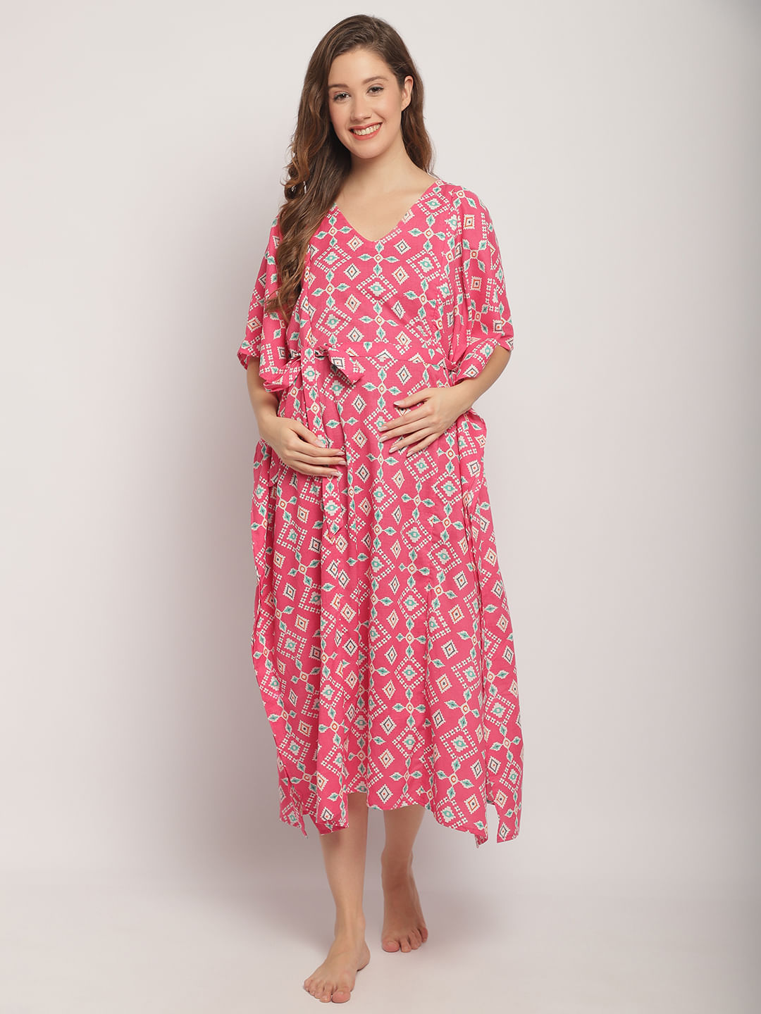 Pink Maternity ethnic Printed Kaftan Nightdress
