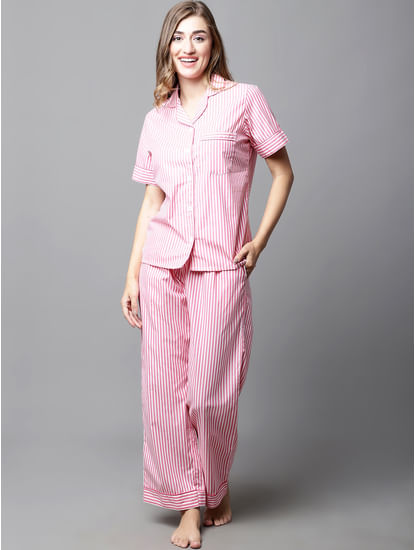 Secret Wish Pink & White Striped Cotton Night Suit