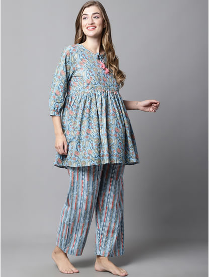 Blue & Red Cotton Maternity Floral Night Suit
