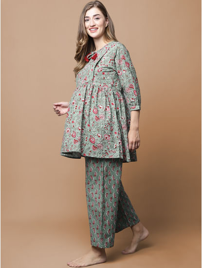 Green & Red Cotton Floral Maternity Night Suit