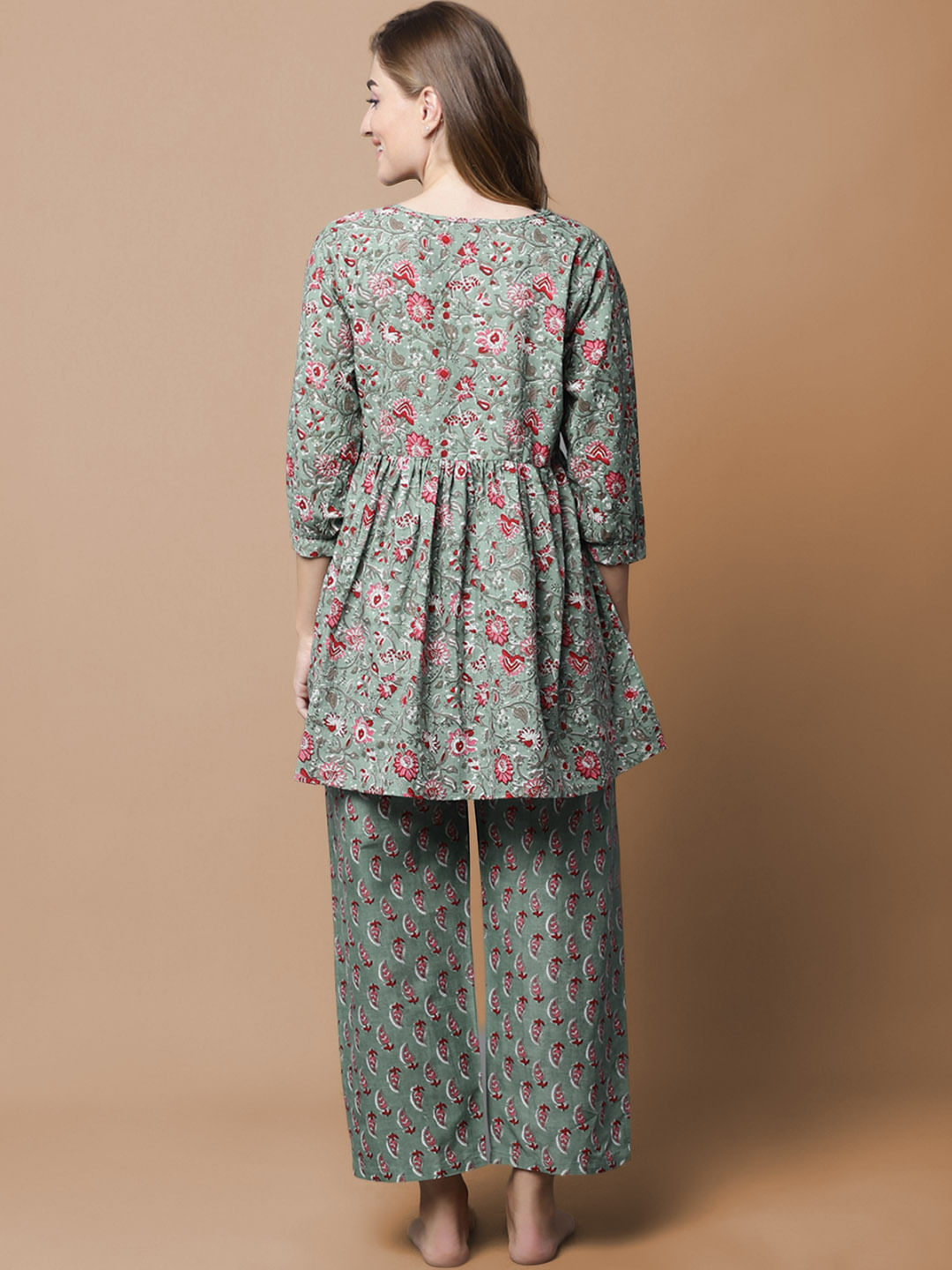 Green & Red Cotton Floral Maternity Night Suit
