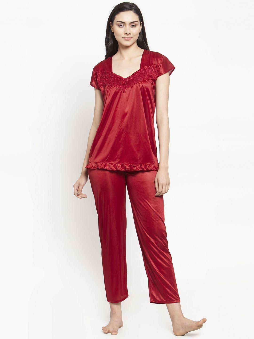 Maroon Satin Solid Nightsuit (Free Size)