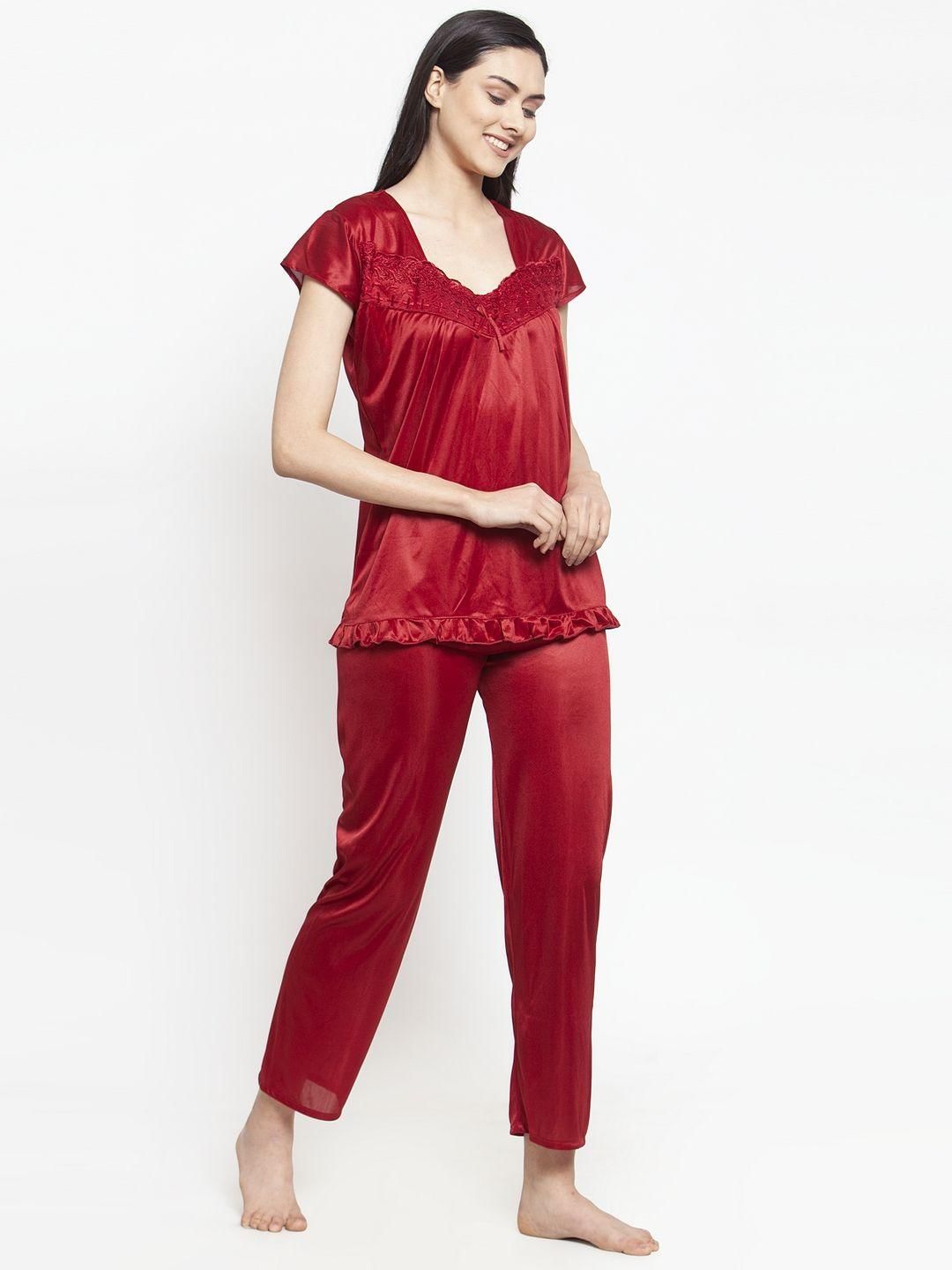Maroon Satin Solid Nightsuit (Free Size)