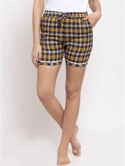 Secret Wish Women's Yellow Cotton Checked Shorts