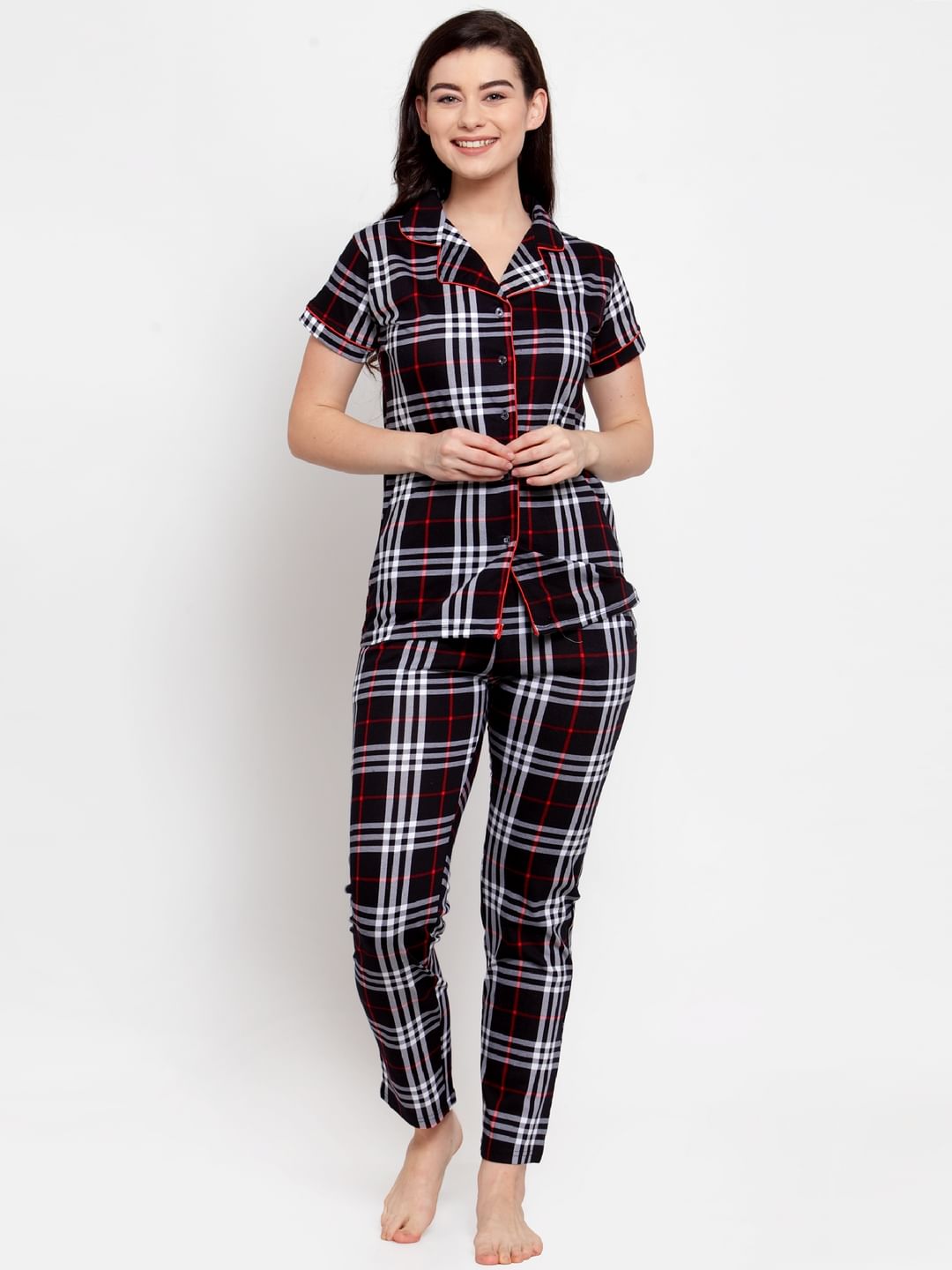 Black Cotton Checked Nightsuit