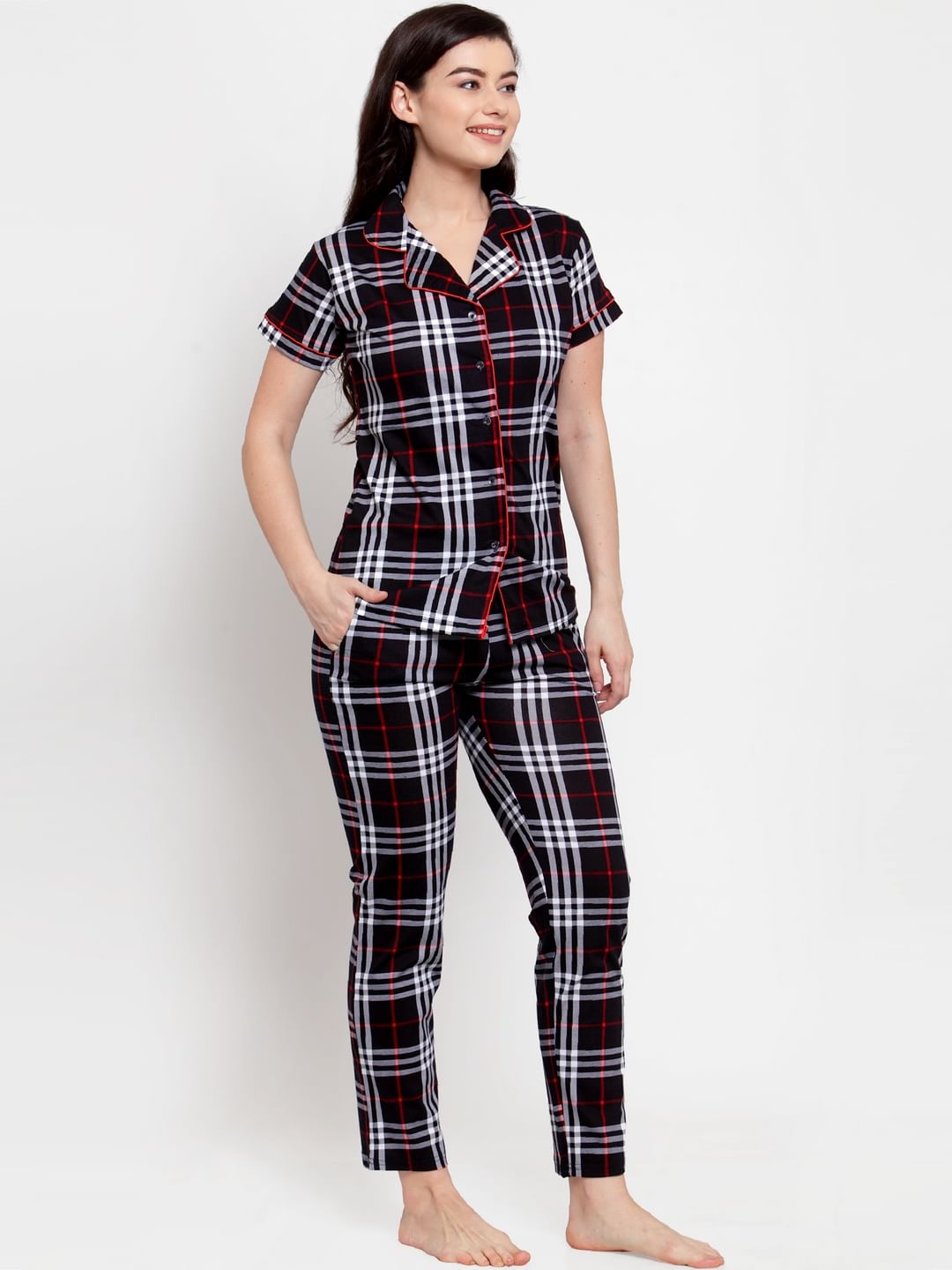 Black Cotton Checked Nightsuit