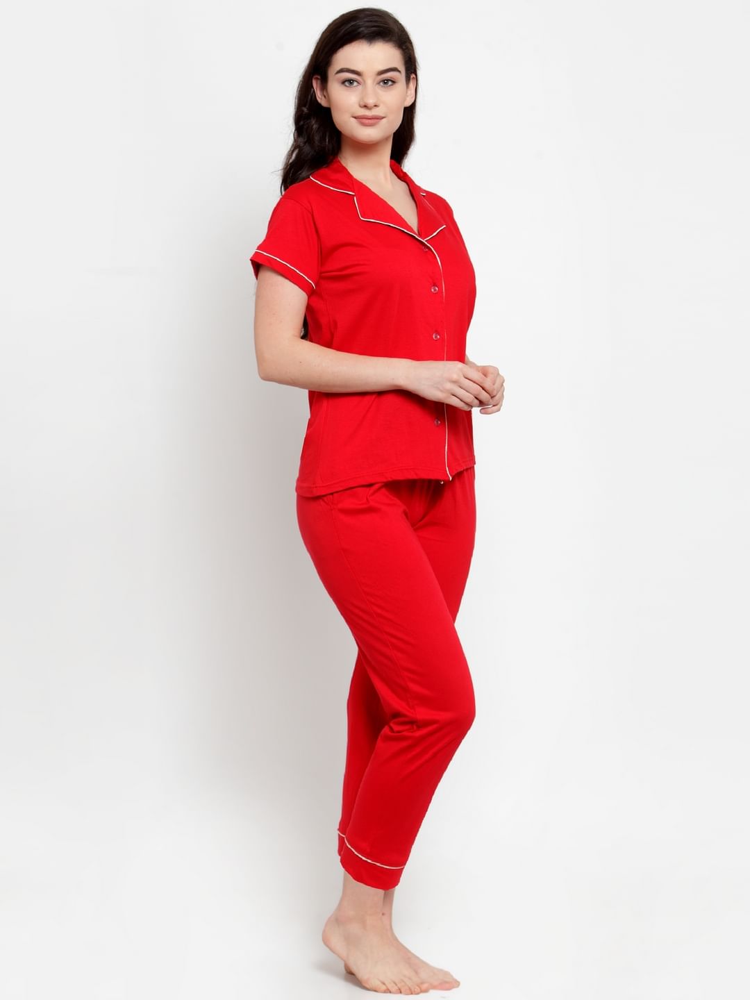 Red Cotton Solid Nightsuit