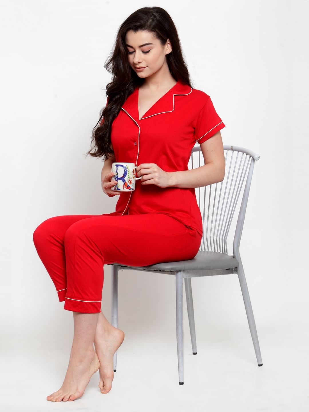 Red Cotton Solid Nightsuit