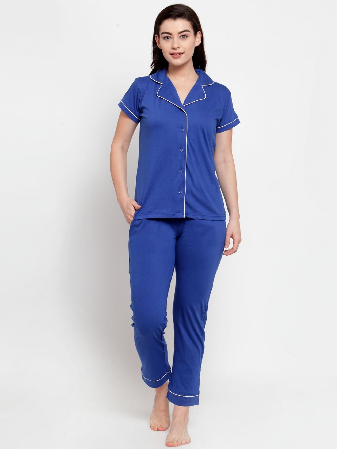 Blue Cotton Solid Nightsuit