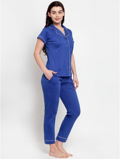 Blue Cotton Solid Nightsuit