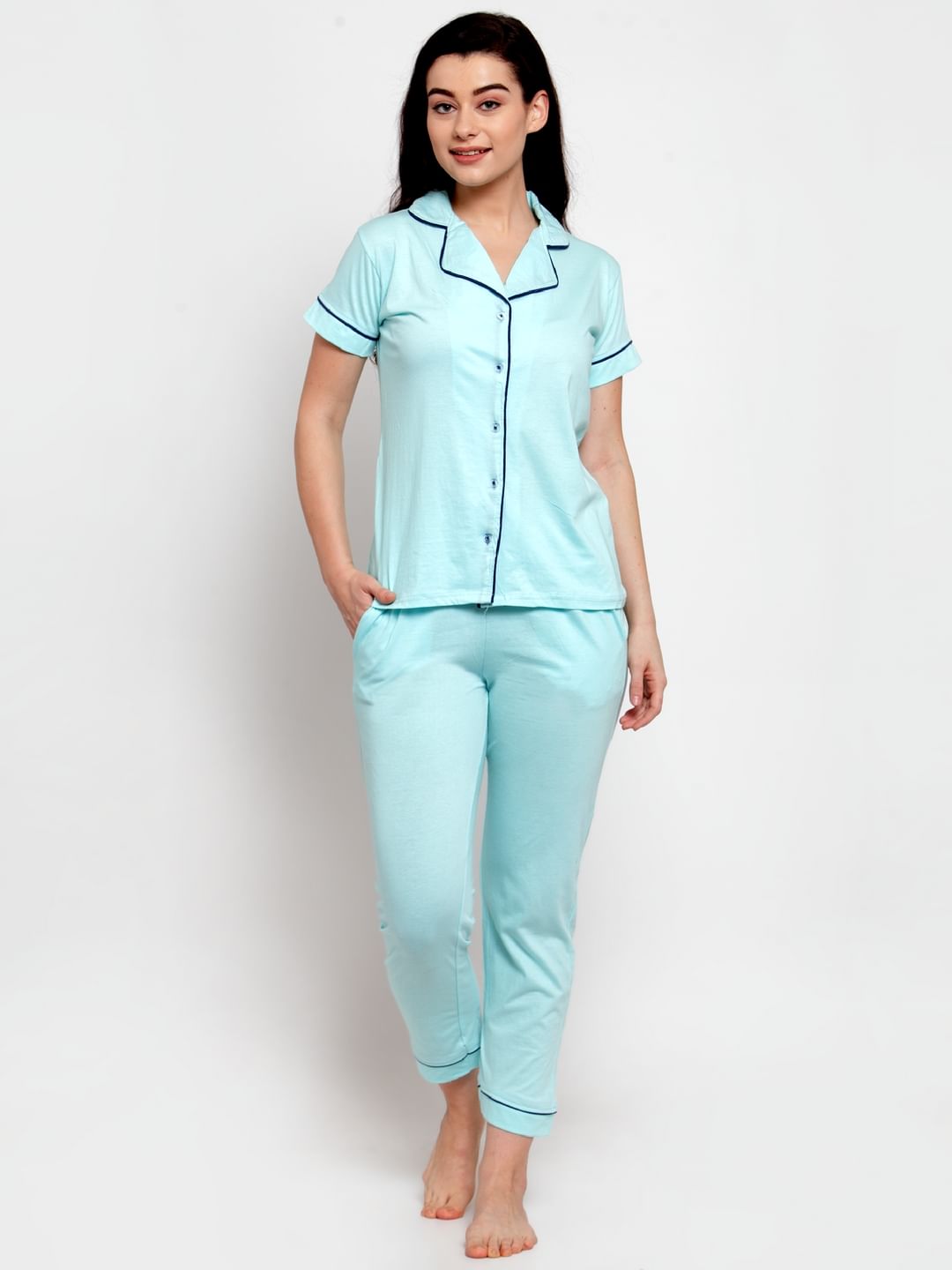 Turquoise Blue Cotton Solid Nightsuit