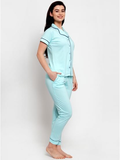 Turquoise Blue Cotton Solid Nightsuit