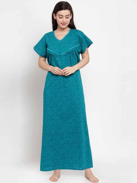 Secret Wish Women's Turquoise Blue Cotton Printed Maternity Nighty (Free Size)