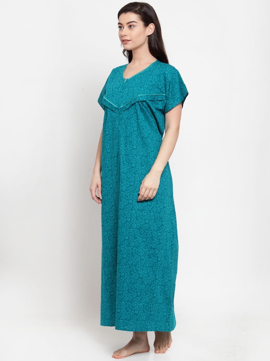Turquoise Blue Cotton Printed Maternity Nighty (Free Size)
