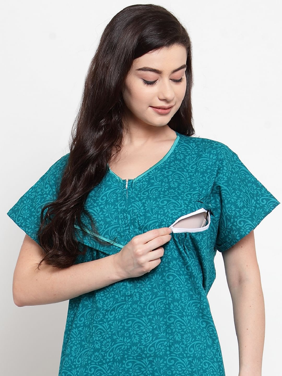 Turquoise Blue Cotton Printed Maternity Nighty (Free Size)