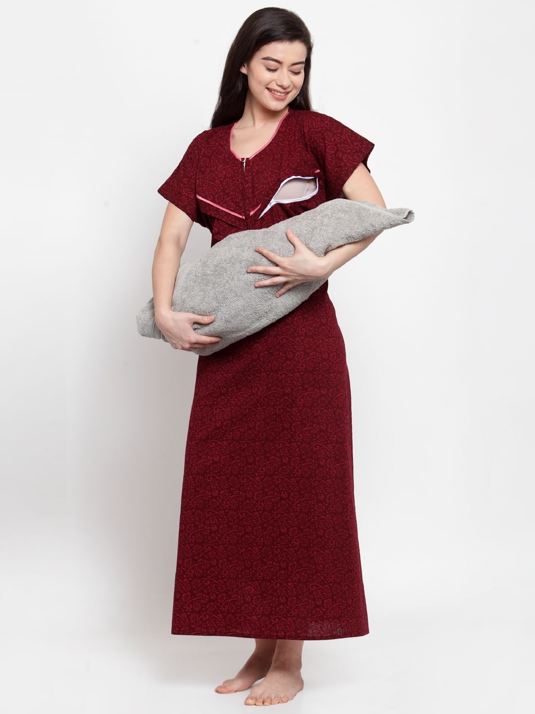 Maroon Cotton Printed Maternity Nighty (Free Size)
