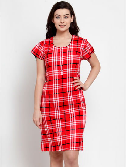 Red Cotton Checked Short Nightdress (Free Size)